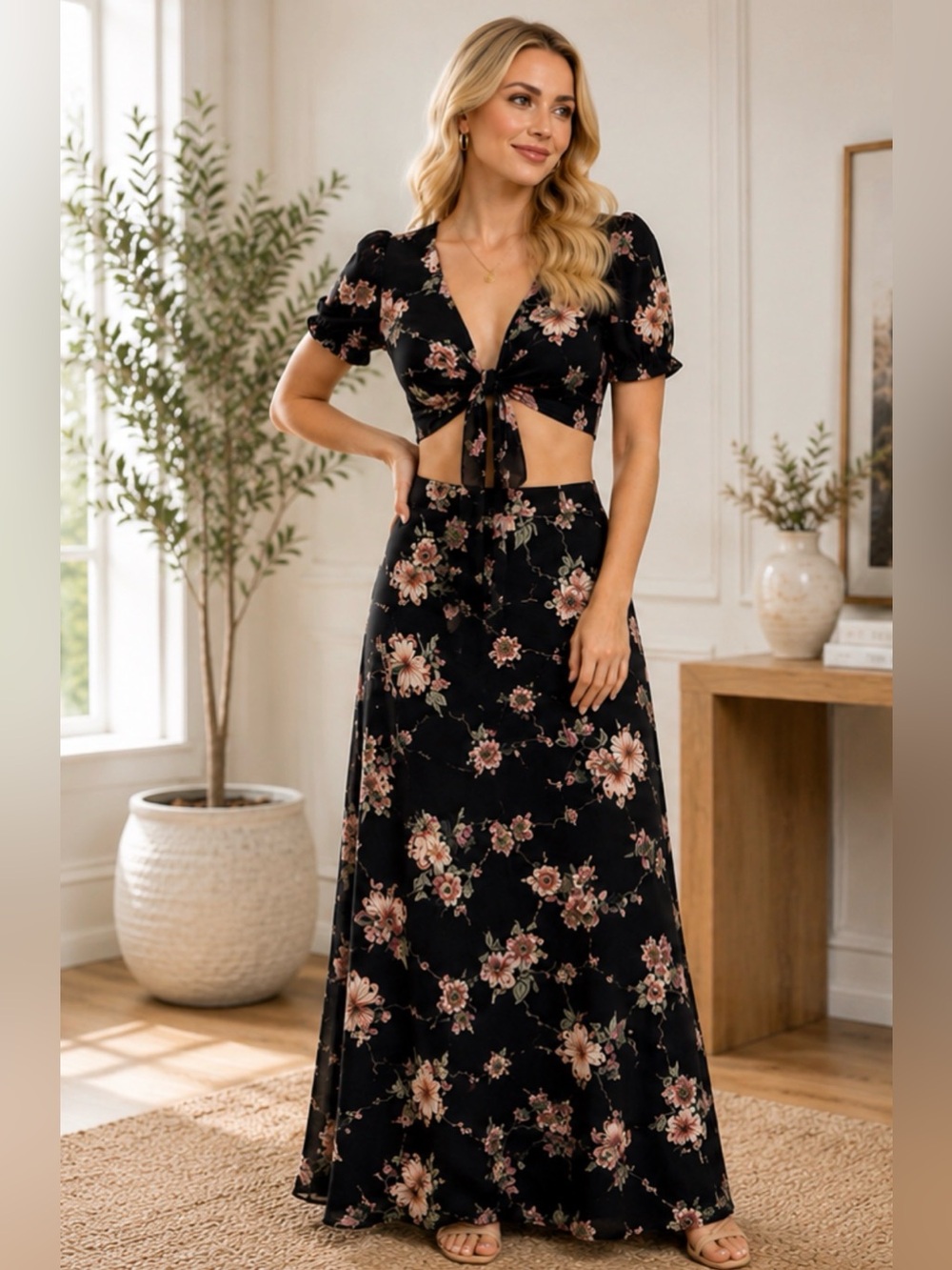 Flynn Skye Black White Floral Wrap Top & Maxi Skirt Set Festival Boho Size S & M